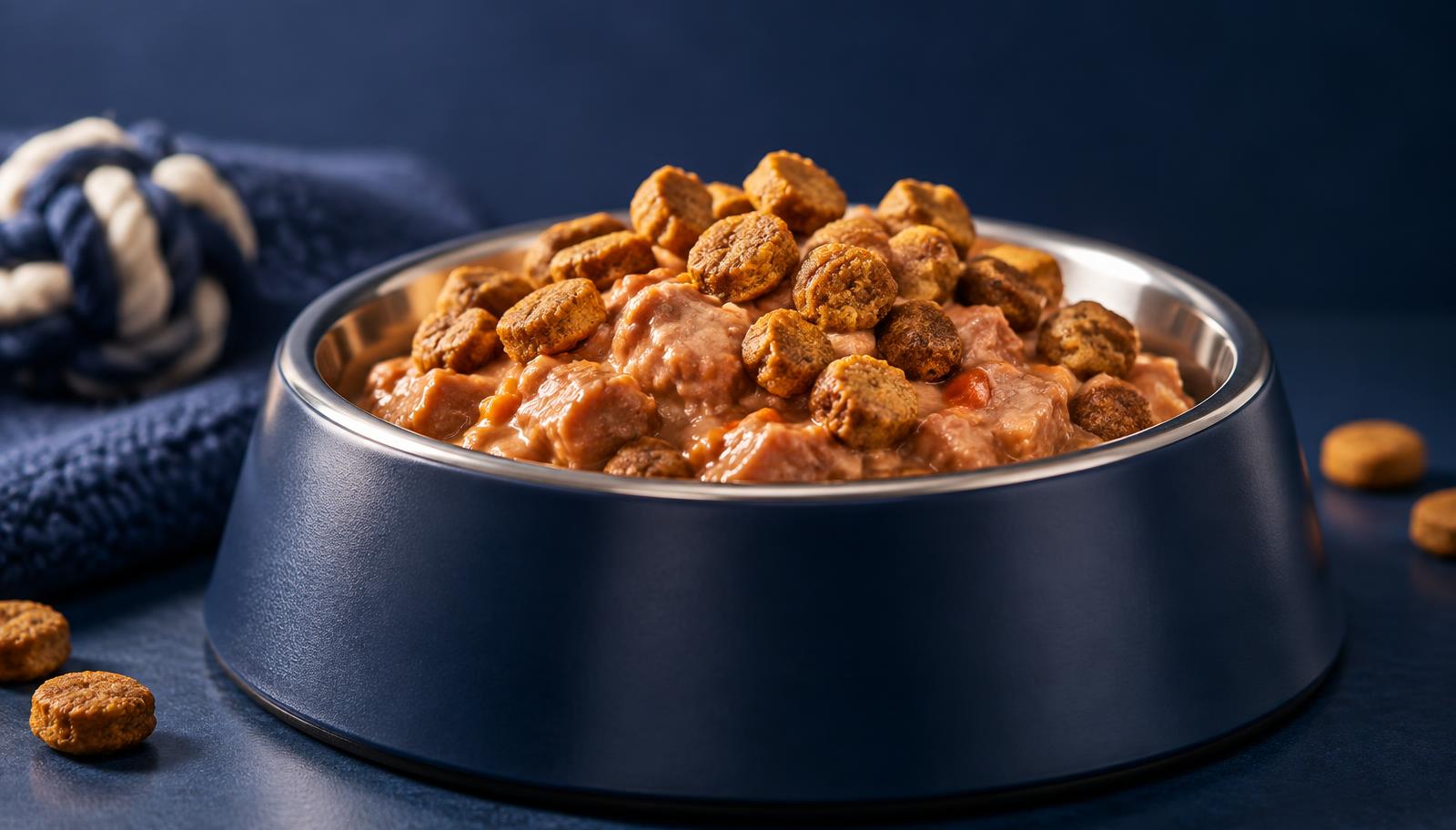 A bowl of creamy wet pet food topped with crunchy kibble