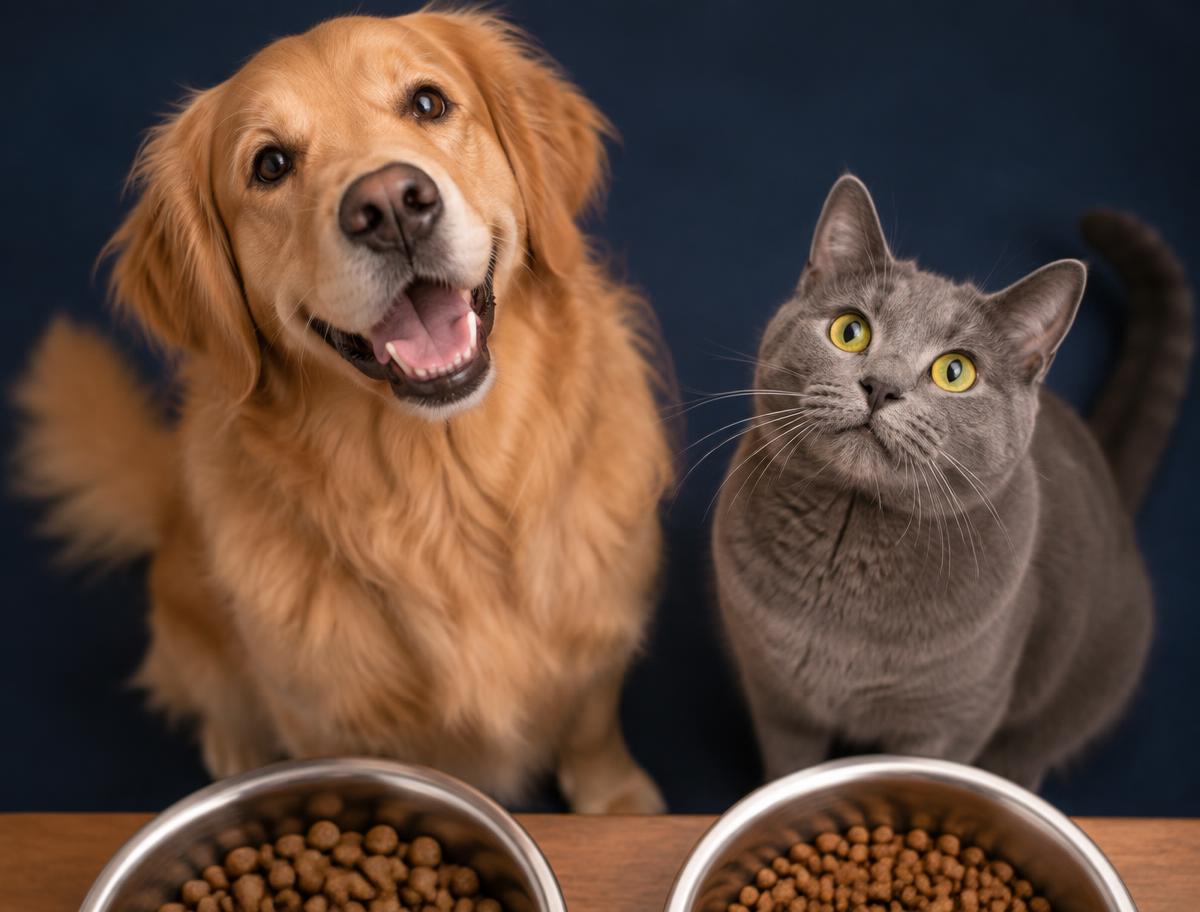 A golden retriever and a gray cat waiting eagerly for mealtime